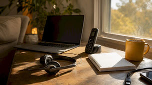 Intake desk setup with phone and headset