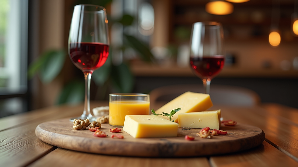 Close-up view of a wine glass and cheese platter on a wooden table