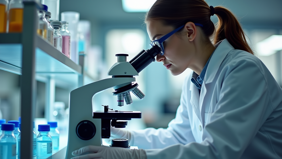 Eye-level view of a researcher examining vaccine samples