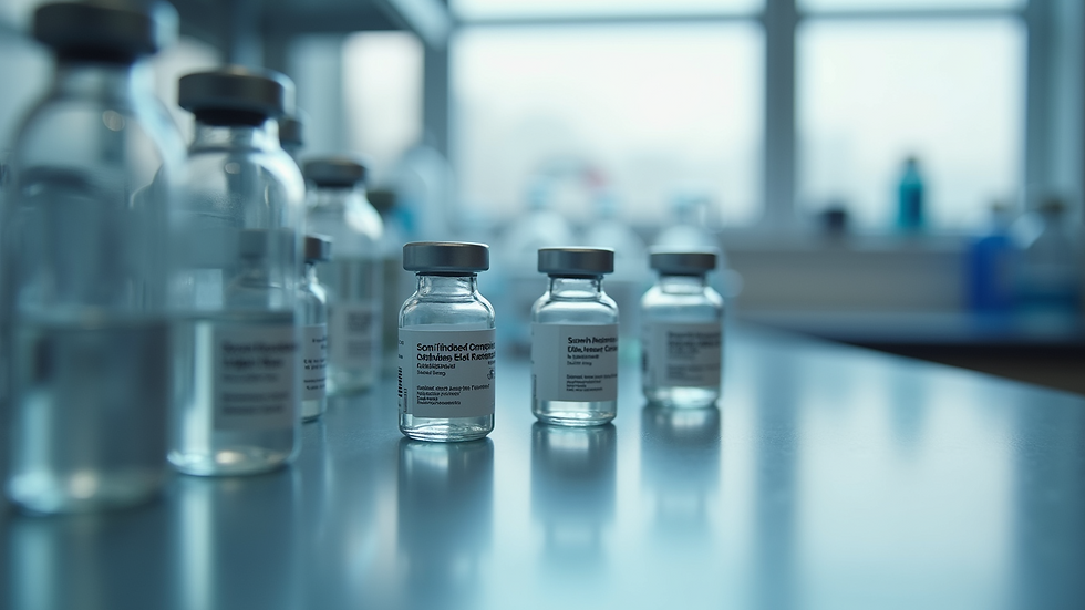 Close-up view of a laboratory setting with vaccine vials