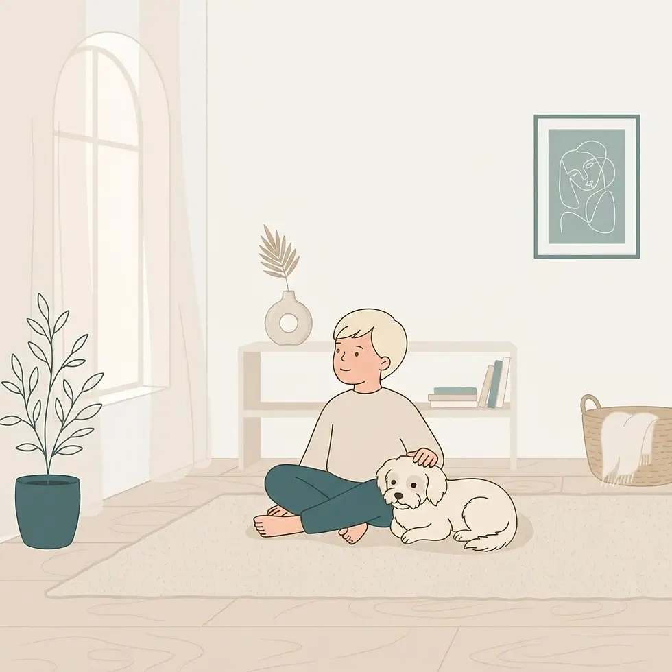 Digital illustration of a child sitting cross-legged on a rug with a small white dog beside them. The serene domestic scene is softly lit.