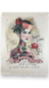 In The Land Of Elsewhere vintage style artwork of woman with flowers and foliage in her hair.