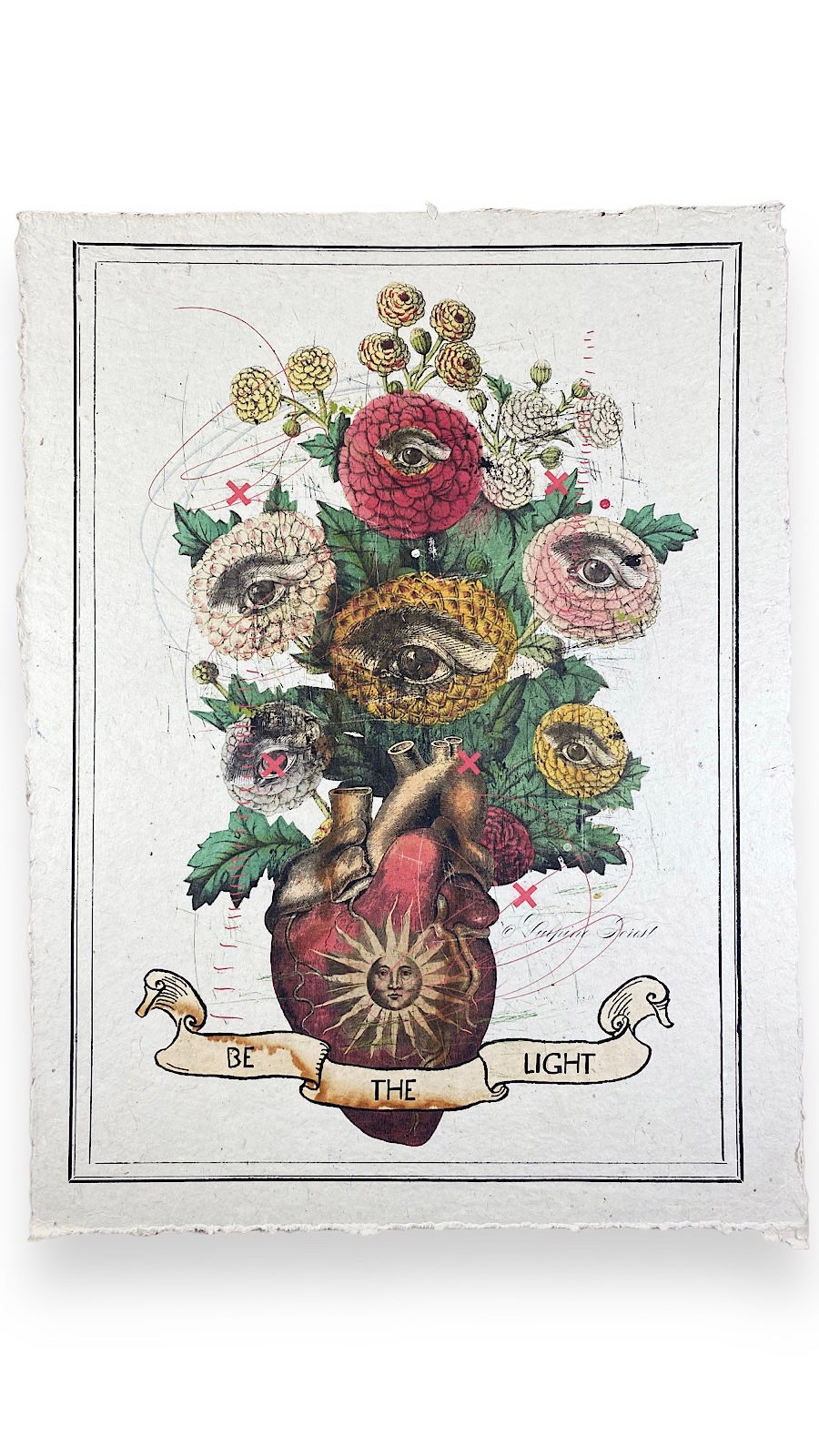 A surreal In The Land Of Elsewhere illustration featuring a heart-shaped vase containing flowers with eyes in their centers.