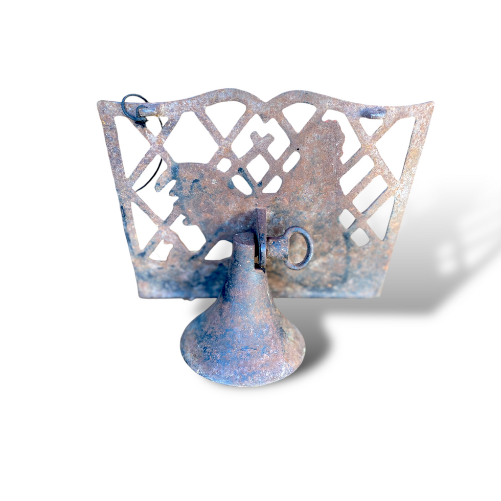 Back view of rooster & Hen Cast Iron Book Holder Vintage