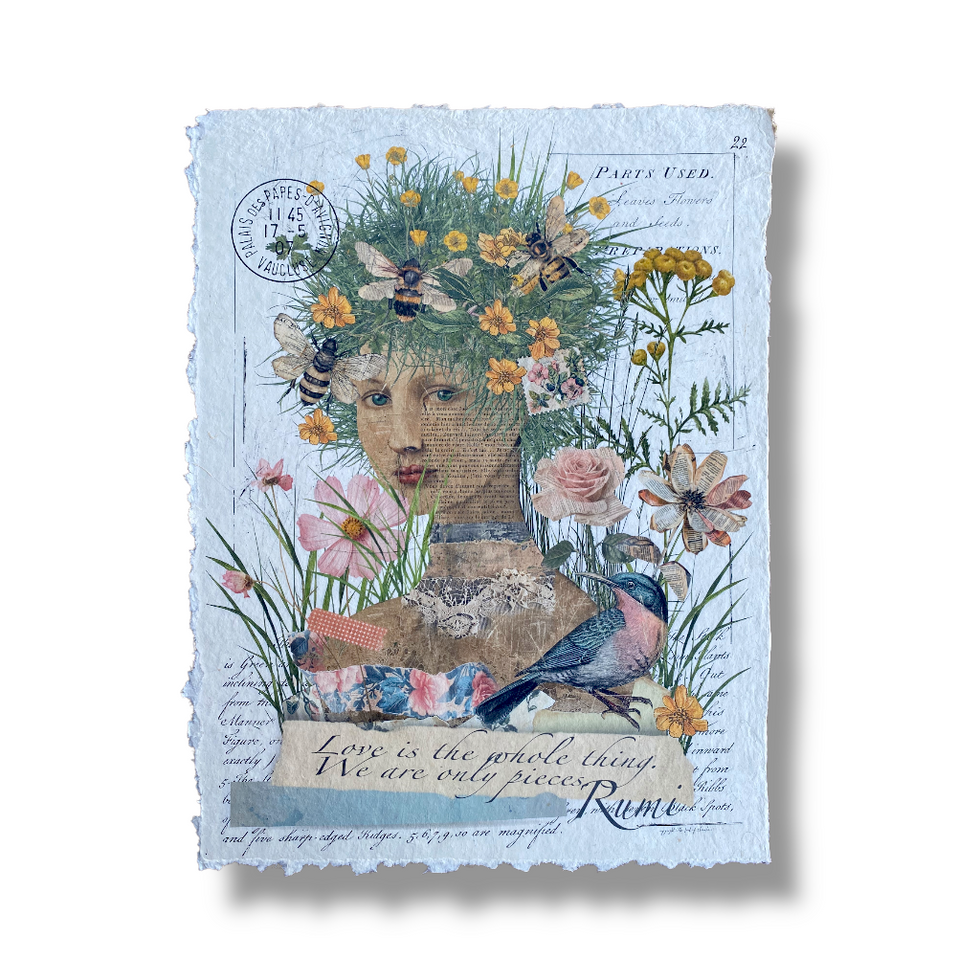 A collage of colorful flowers and birds on handmade paper titled “Love Is All Whole Thing” from The Land Of Elsewhere.