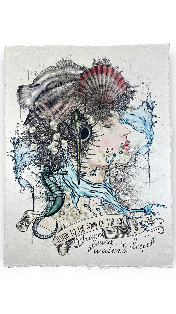 A surreal illustration from In The Land Of Elsewhere depicting a woman's profile intertwined with marine elements. Her hair m