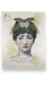 In The Land Of Elsewhere, A vintage-style illustration of a woman's face with a butterfly resting on her hair, which is adorn