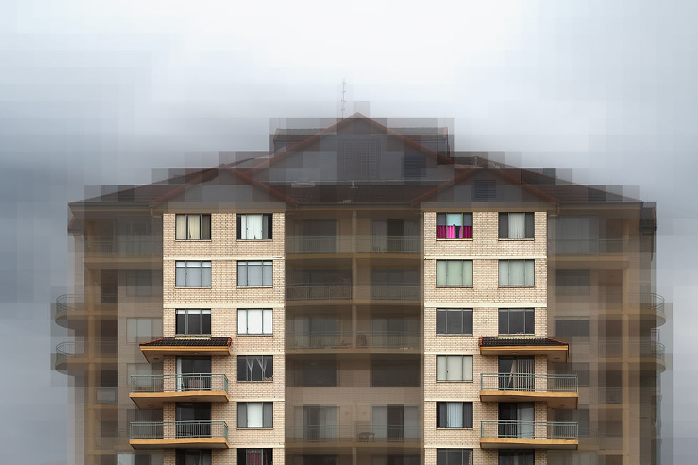 A residential skyscraper Blurred and pixelated. Pink curtains in the top windows are clear.
