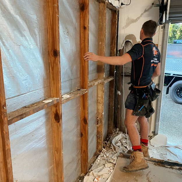 Carpenter repairing termite damage in garage wall