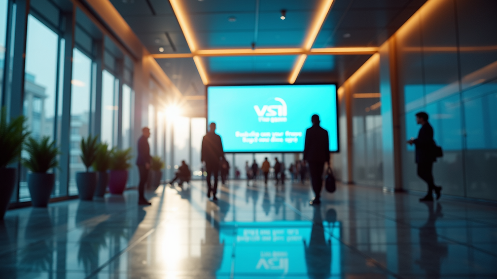 Eye-level view of a corporate lobby with a digital advertising display