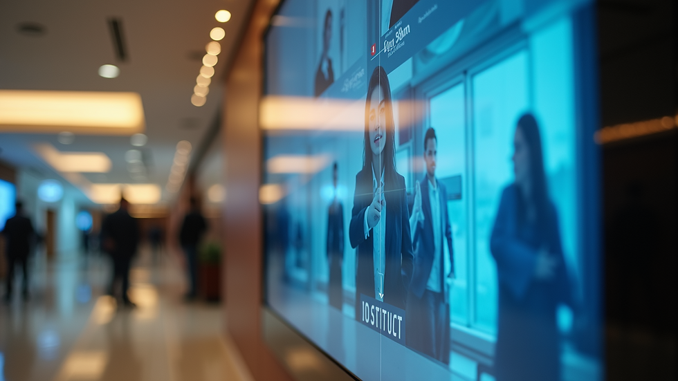 Close-up view of a digital signage screen showing live video content in a corporate lobby