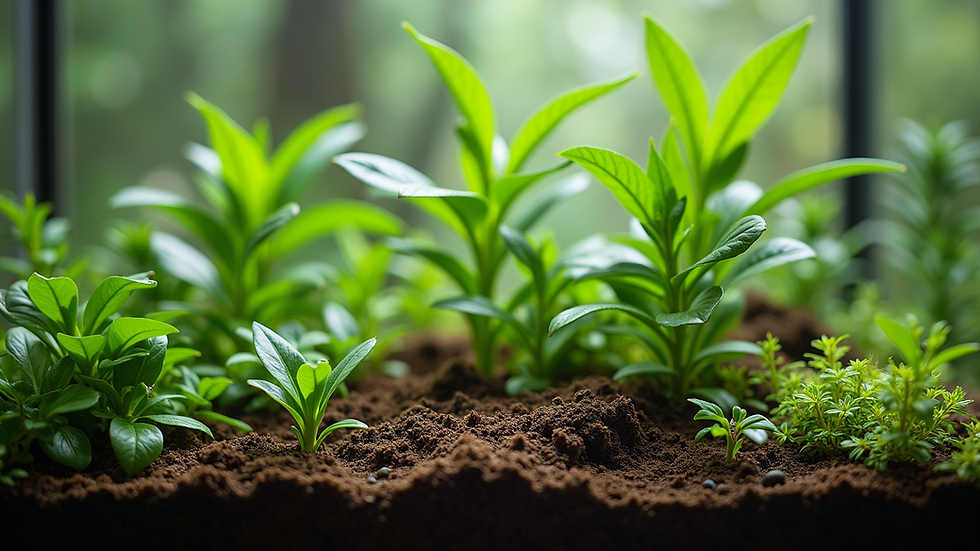 Close-up view of a lush bioactive terrarium with various plants and soil layers