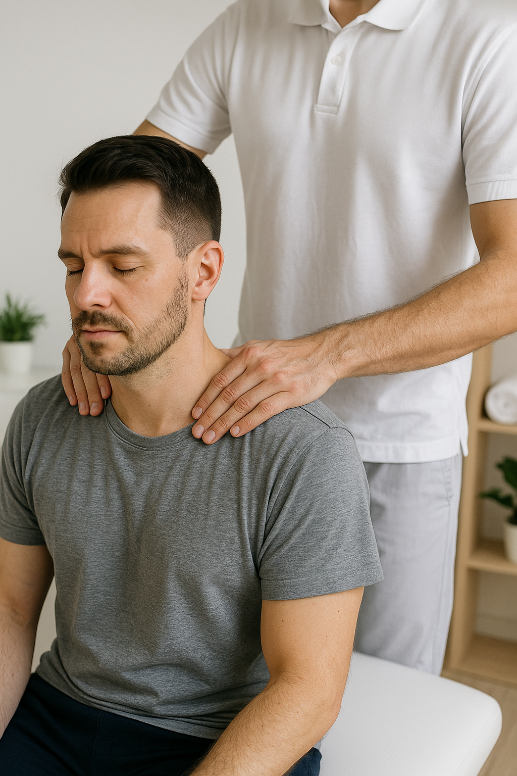 "Paciente sentado, fisioterapeuta aplicando masoterapia relajante en cuello y trapecios para aliviar cefalea tensional."