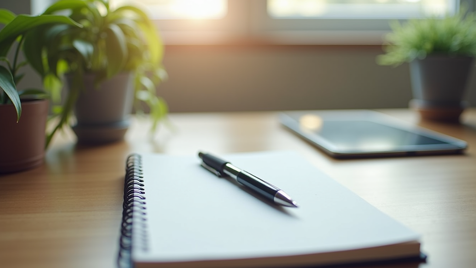 Close-up view of a therapist’s desk with a notebook, pen, and calming plant