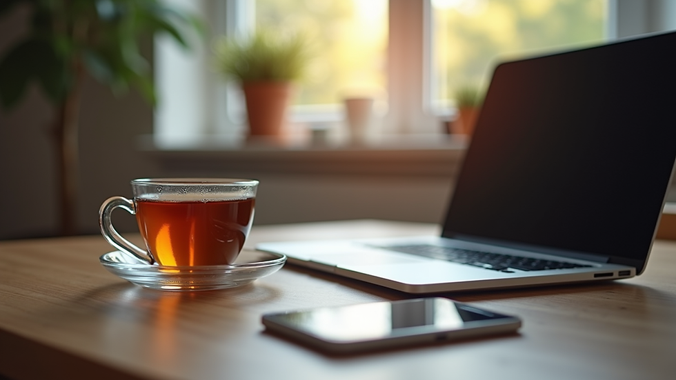 Eye-level view of a cozy home office setup with a laptop and a cup of tea