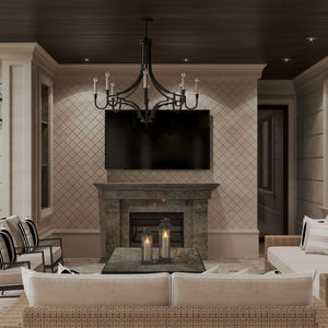 Covered Patio. Covered deck. Walls and floor laid out with sandstone. Light beige color of the sandstone pared with grey-green marble for the fireplace mantel. comfortable outdoor furniture. Wooden siding on the ceiling and outdoor chandelier.   