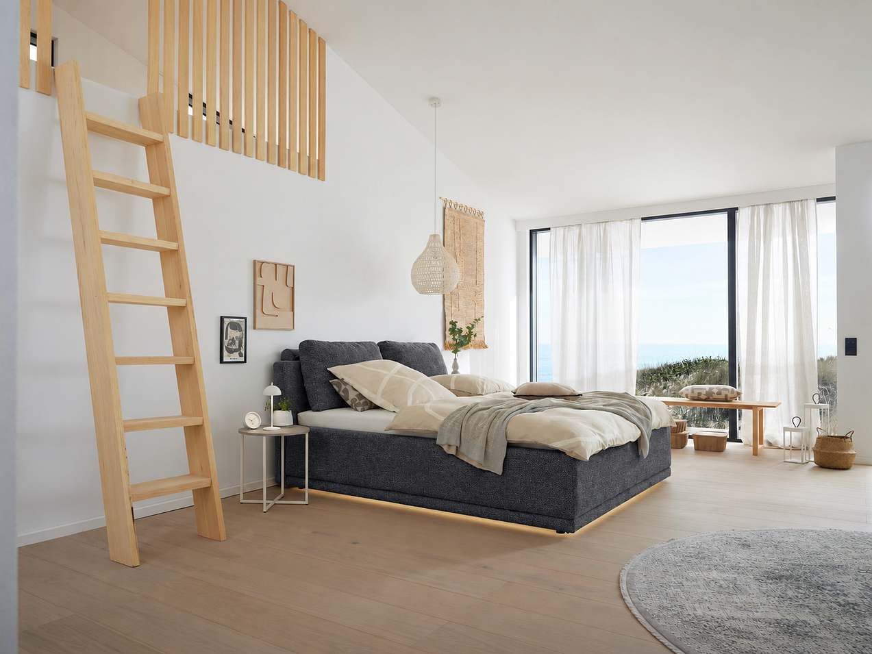 Musterring JUSTB! SC200 — кровать 180×200 в ткани AURORA anthrazit 19 в светлой спальне