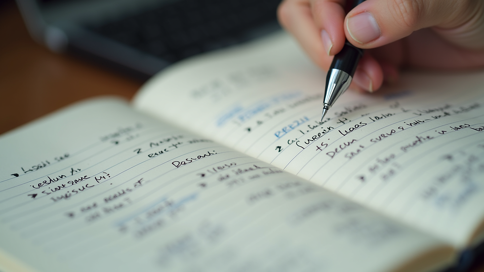 Close-up view of a notebook with handwritten notes and a pen