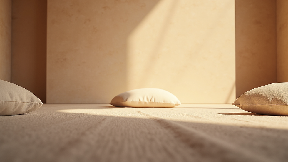 Eye-level view of a calm meditation space with soft lighting and cushions