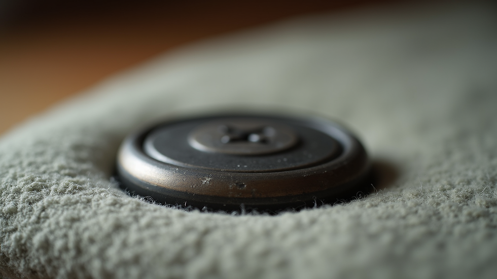 Close-up view of a good grips button tool resting on a soft fabric surface
