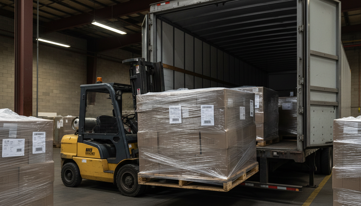 Close-up view of wrapped pallets being loaded into a dry van trailer