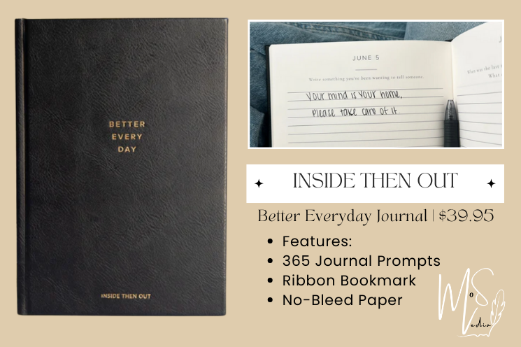 Black journal titled "Better Every Day." Open page shows handwritten note. Text highlights features: 365 prompts, ribbon bookmark, no-bleed paper.