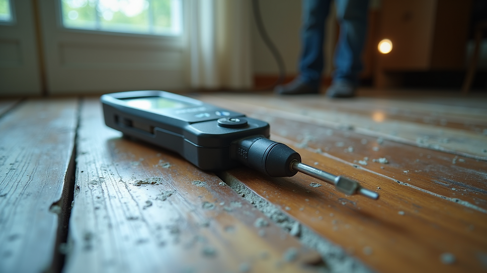 Close-up view of a moisture meter measuring dampness in a wooden floor