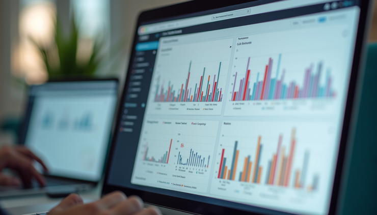 Eye-level view of a computer screen displaying Odoo ERP dashboard with colorful graphs and charts