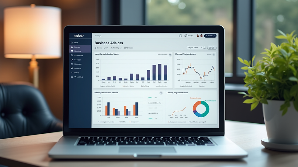 Close-up view of a laptop screen showing Odoo dashboard with business analytics