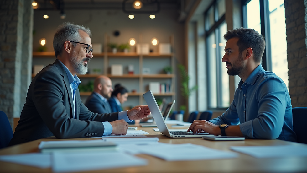 Eye-level view of a consultant explaining software features to a business owner