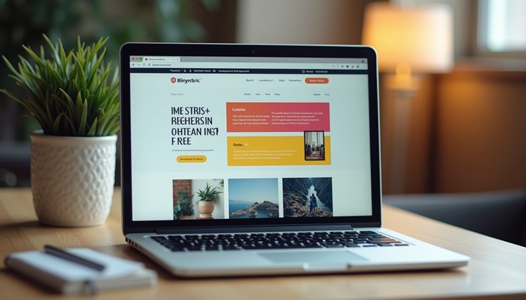 Eye-level view of a laptop screen showing a colorful website template with various sections