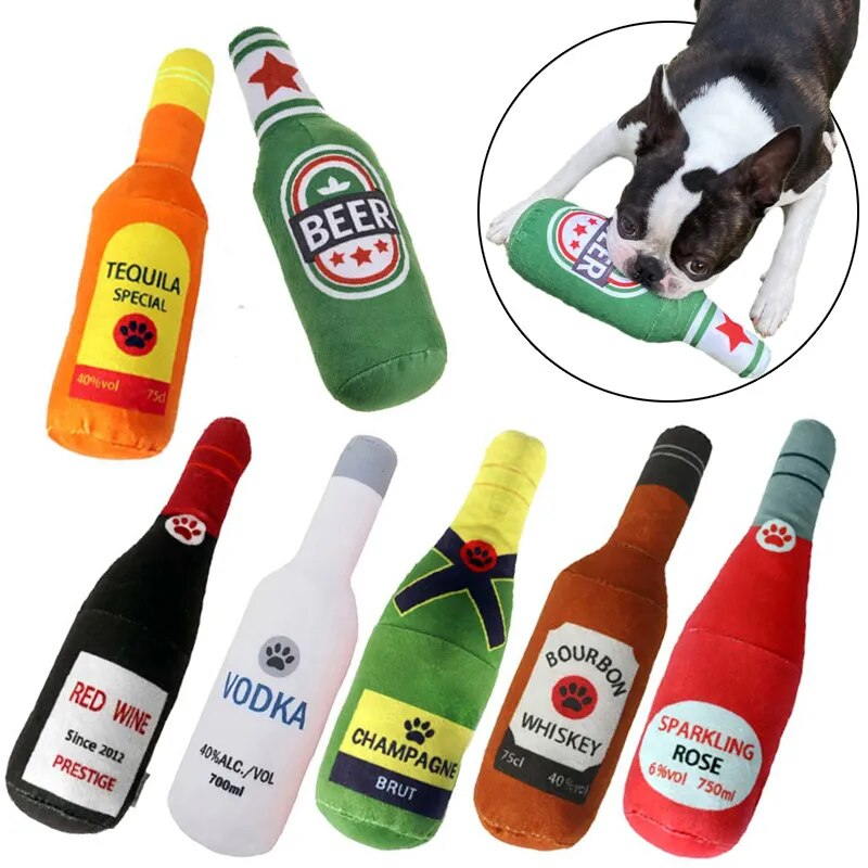 Miniature : Interactive Dog Toys Champagne Wine Bottle Shape Pet Toy Plush Filled Vodka Toy 
