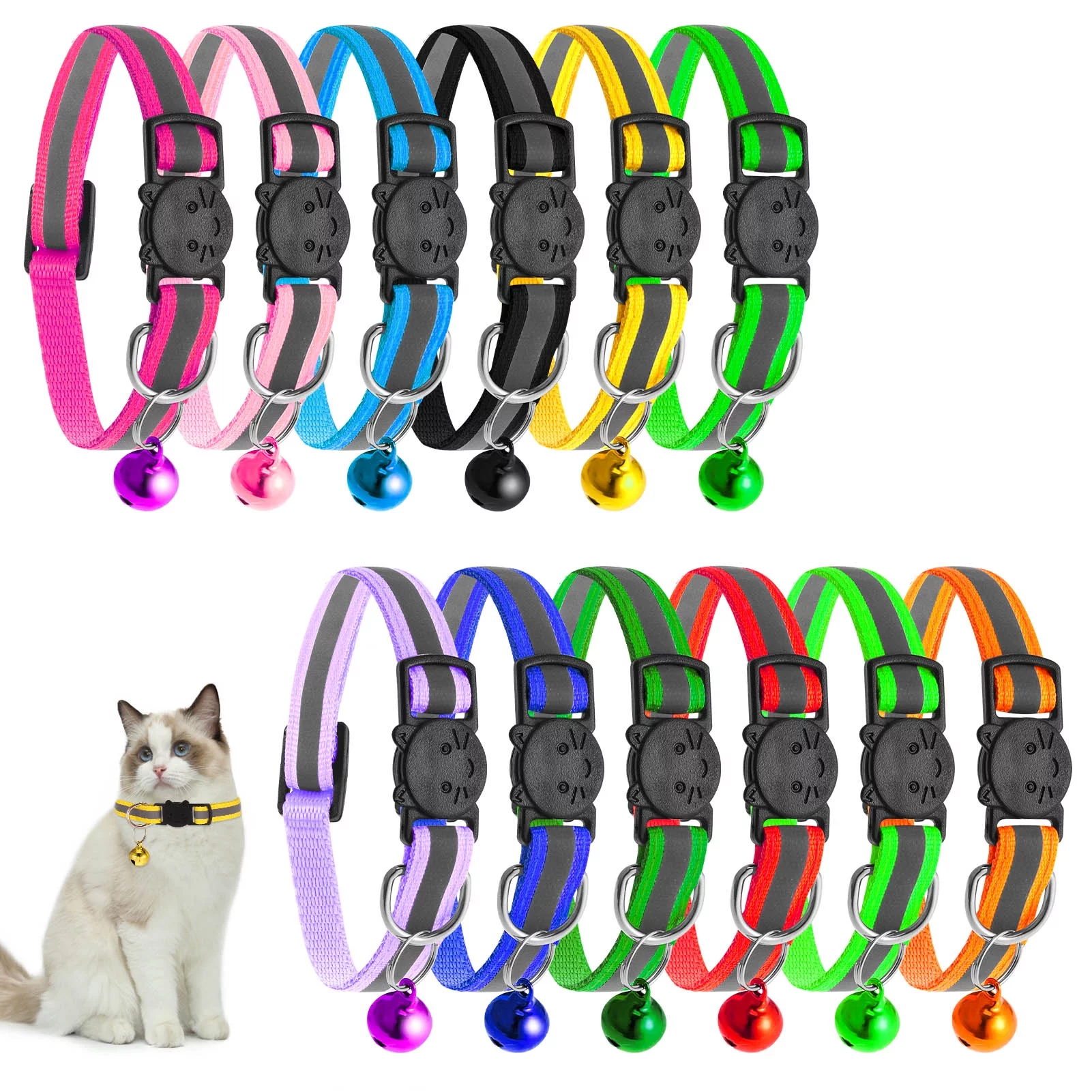 Upgraded Version - 12 Pack Reflective Cat Collar with Bell, Solid & Safe Collars