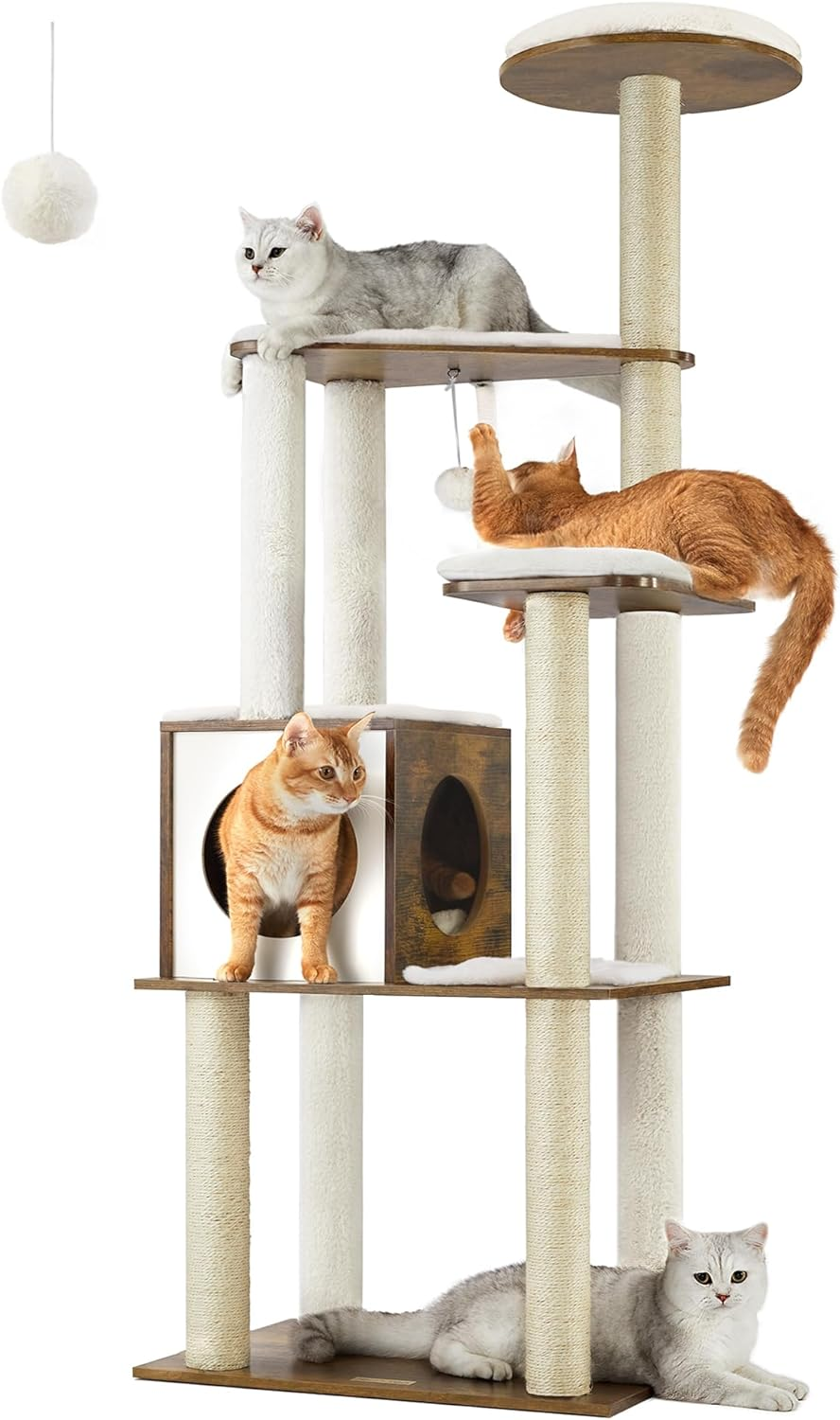 Woodywonders Cat Tree, 65-Inch Modern Cat Tower for Indoor Cats, Multi-Level Cat