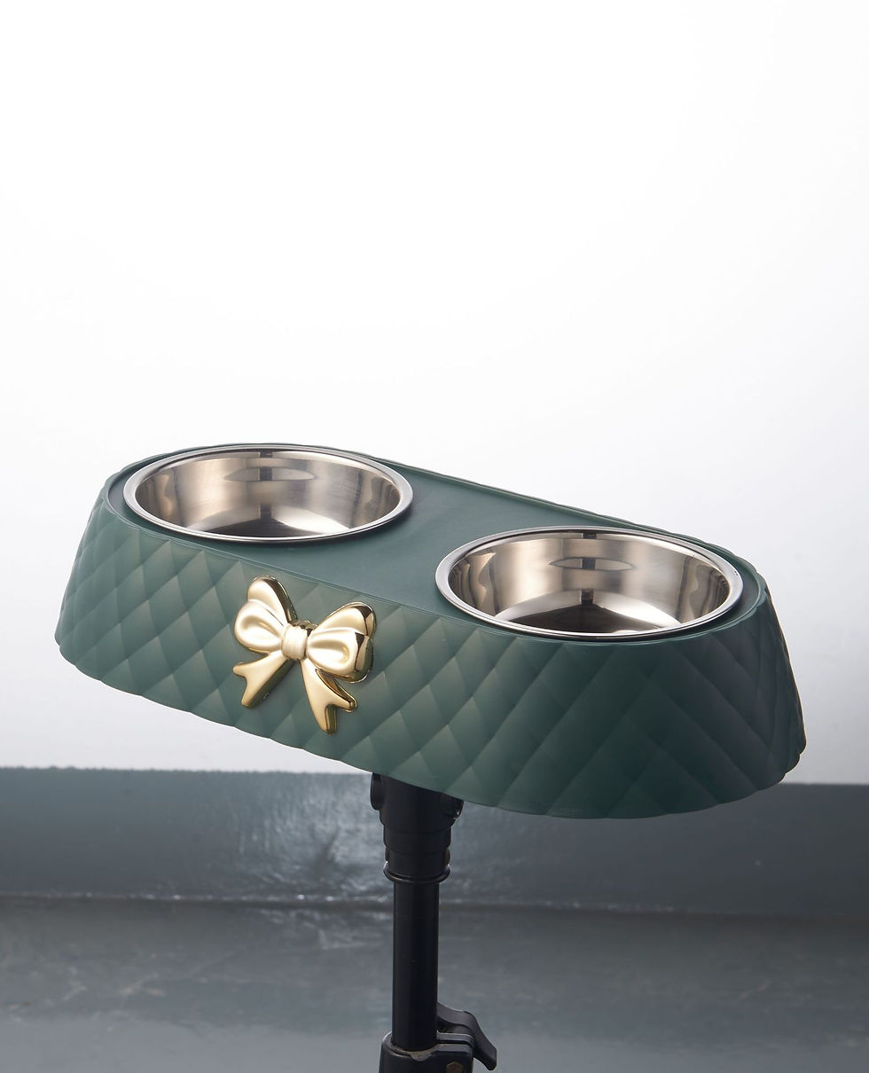 Miniature : Pet Supplies Bow Pet Double Bowl Stainless Steel Drinking and Feeding Bowl