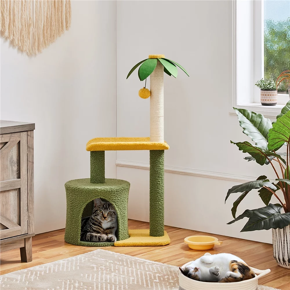 Miniature : Upholstered 2-Level 37" Coconut Palm Cat Tree with Bending Perch, Gree/Yellow