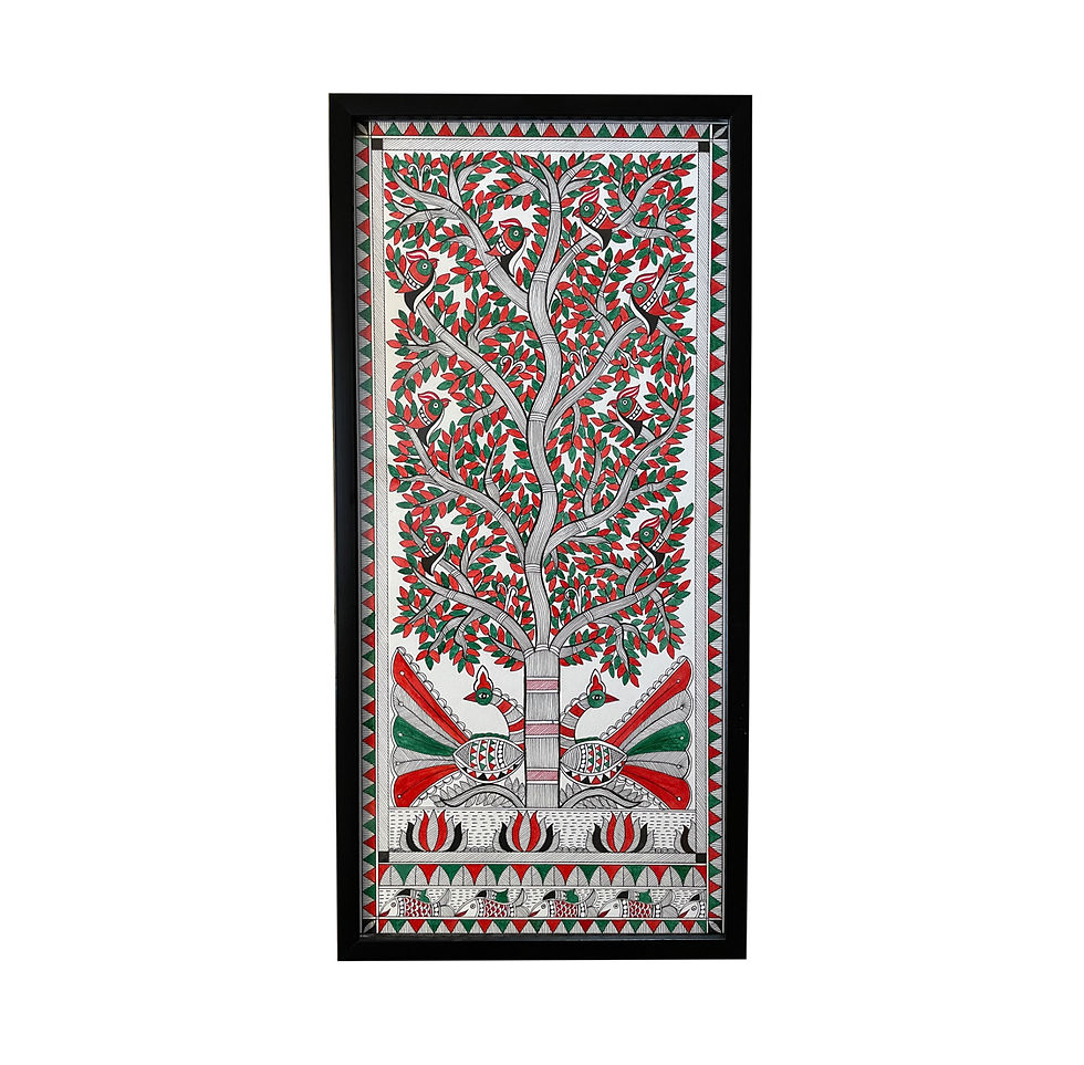 Tree of Life with Peacocks Handmade Madhubani Artwork 23 X 11 In