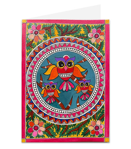 Mama Owl Madhubani Art Handmade Greeting Card, Envelope Included