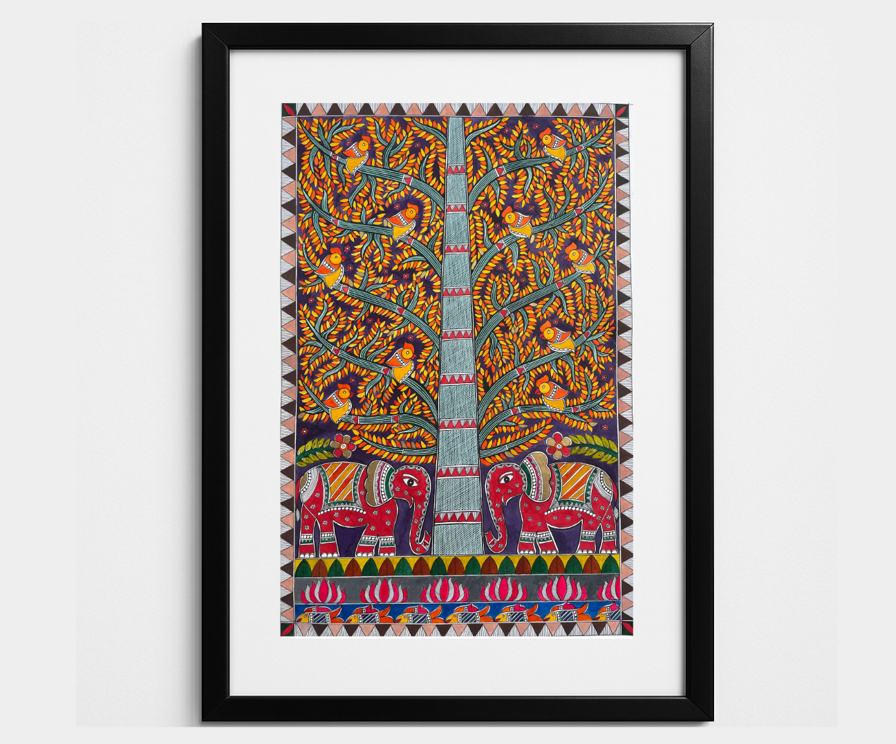 Tree of Life with Elephants Handmade Madhubani Artwork