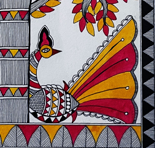 Thumbnail: Tree of Life with Peacocks Handmade Madhubani Artwork 23 X 11 In