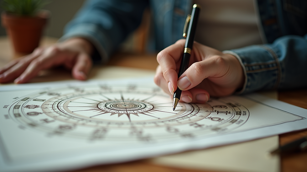 Close-up view of a person writing notes next to an astrology chart