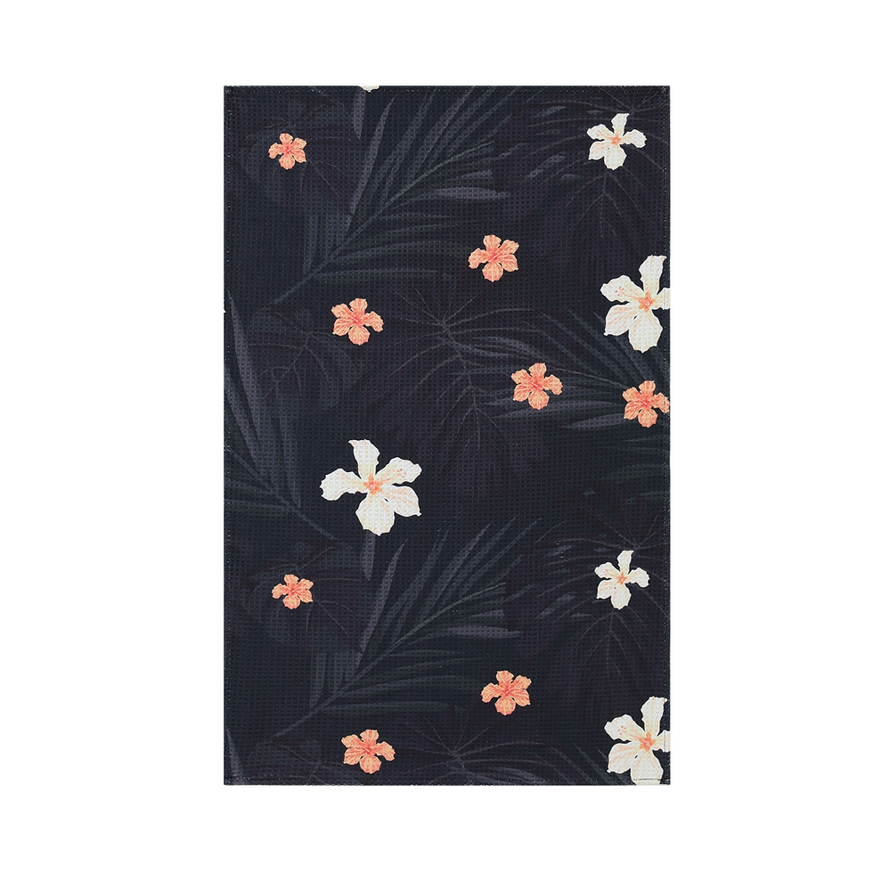 Midnight in Honolulu kitchen tea towel in waffle weave microfiber with small coral floral print on a dark background.