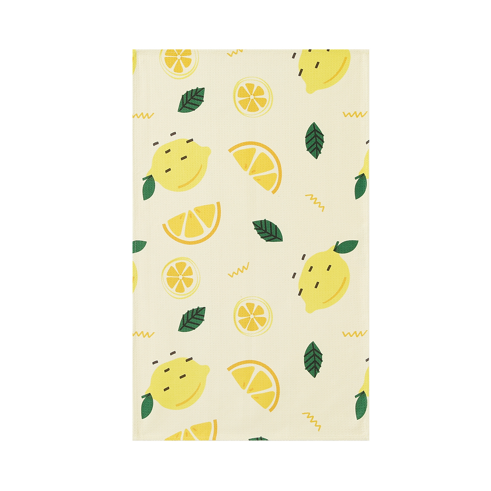 Fresh Day kitchen tea towel in waffle weave microfiber with lemon and leaf print.