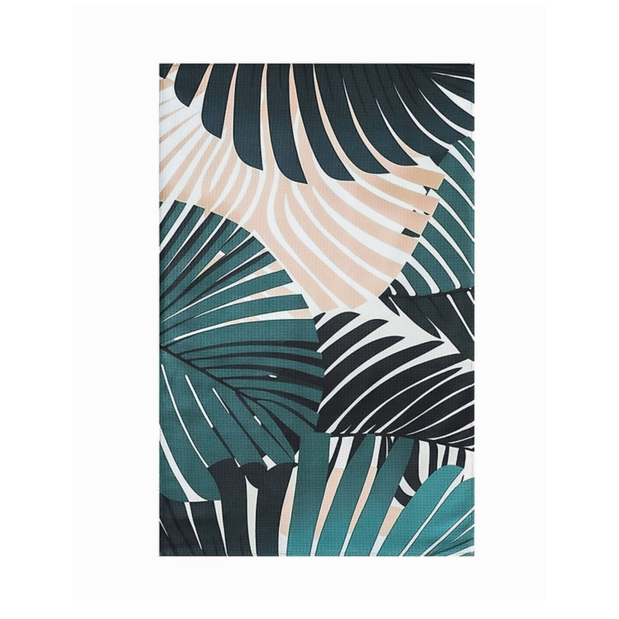 Makana kitchen tea towel in waffle weave microfiber with dark tropical leaf print.