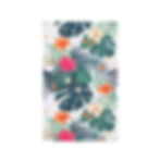 Tropical Garden kitchen tea towel in waffle weave microfiber with tropical leaf and coral floral print.