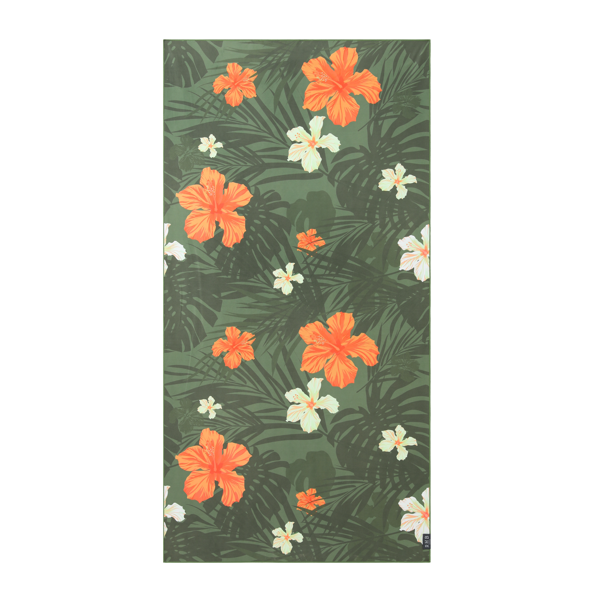Hibiscus Bloom quick-dry beach towel with hibiscus floral print in coral, white, and olive green tones.