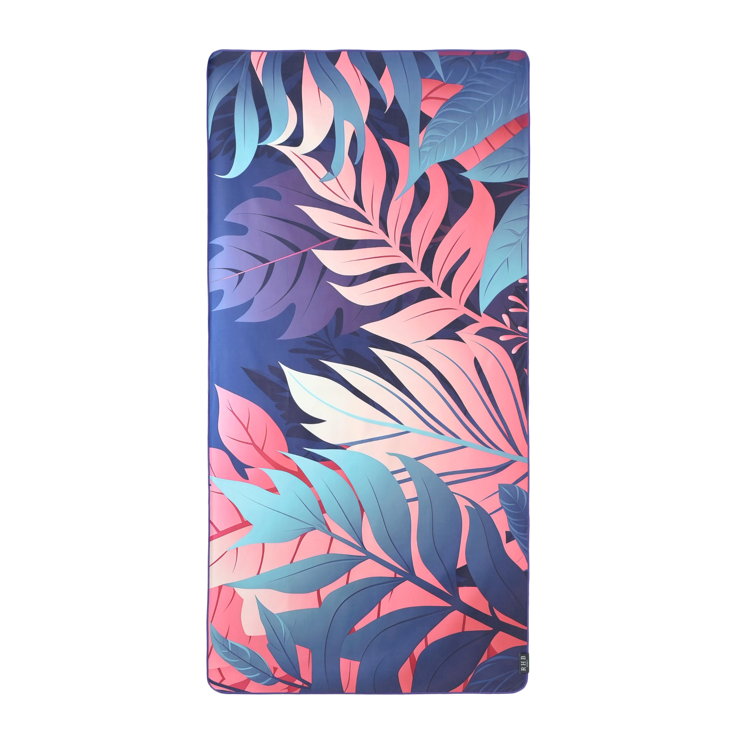 Anuenue quick-dry beach towel with tropical leaf print in pink, purple, blue, and coral tones.