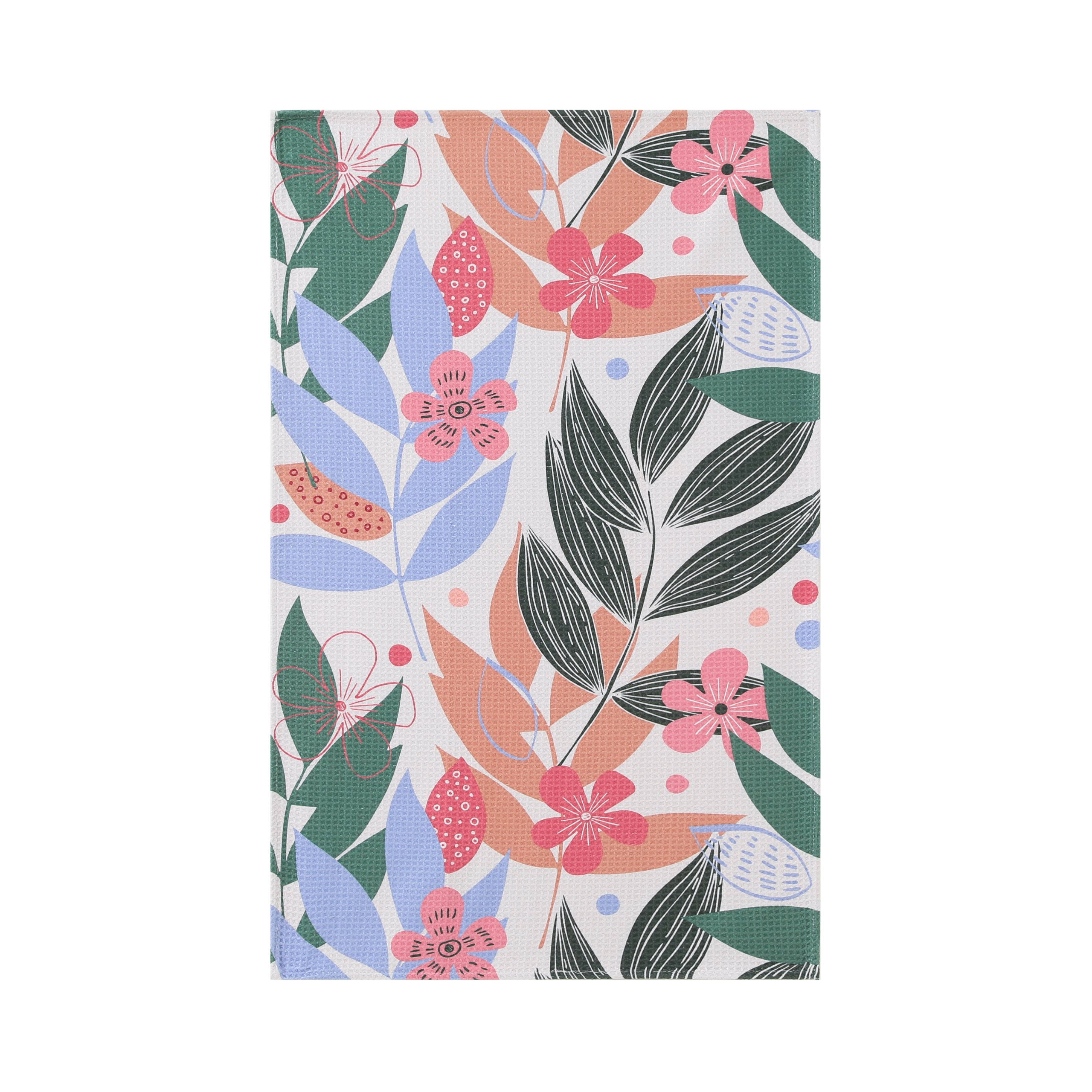 Party of Flowers kitchen tea towel in waffle weave microfiber with pink floral and green leaf print.