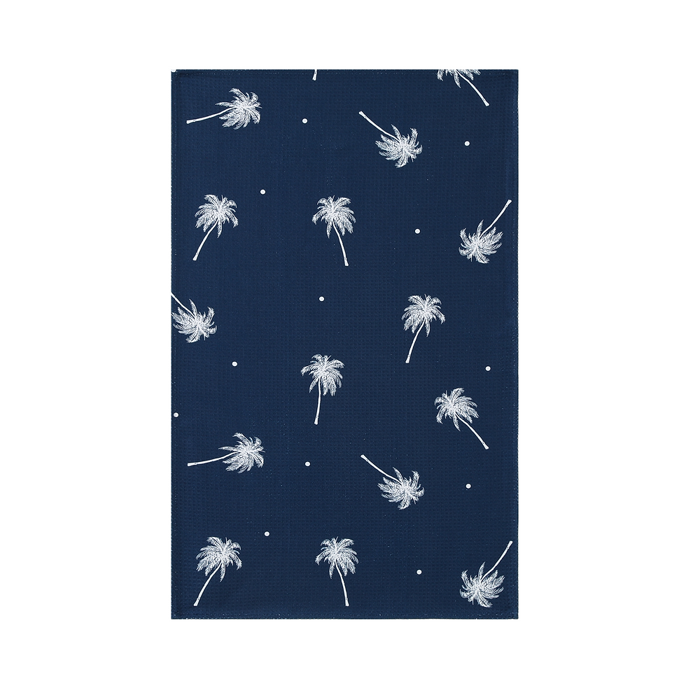 Deep Blue Stars kitchen tea towel in waffle weave microfiber with white starfish print on a deep blue background.