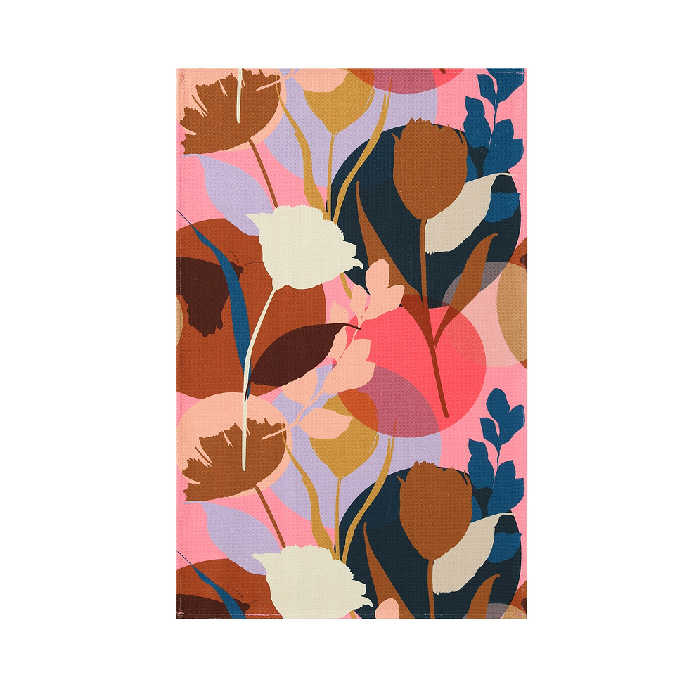 Romantic Mood kitchen tea towel in waffle weave microfiber with abstract leaf print in blush, brown, cream, and navy tones.
